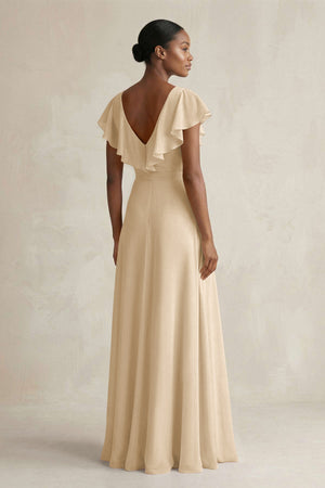 A-Line V-Neck Ruffled Sleeve Chiffon Bridesmaid Dress in Champagne (2) | KISSBRIDAL