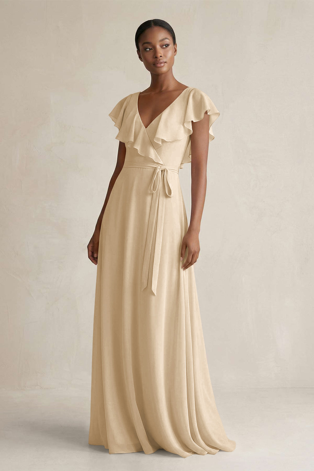 A-Line V-Neck Ruffled Sleeve Chiffon Bridesmaid Dress in Champagne