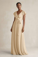 A-Line V-Neck Ruffled Sleeve Chiffon Bridesmaid Dress in Champagne | KISSBRIDAL