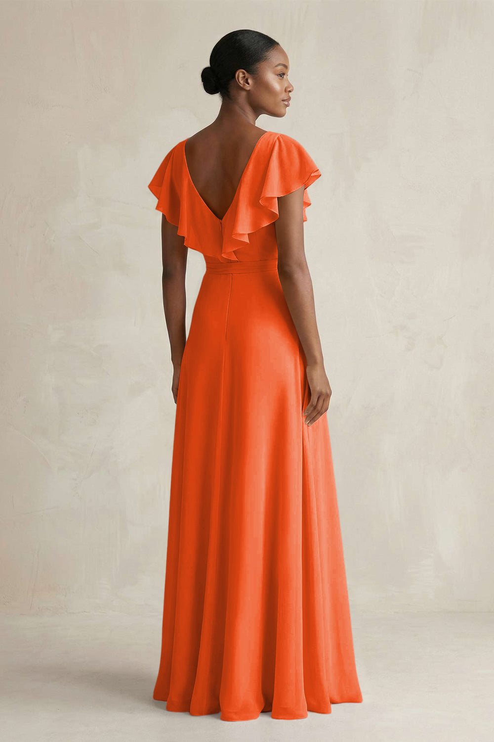A-Line V-Neck Ruffled Sleeve Chiffon Bridesmaid Dress in Cinnamon