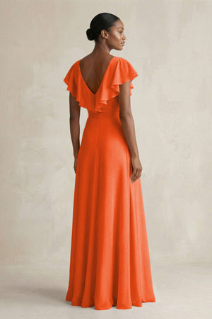 A-Line V-Neck Ruffled Sleeve Chiffon Bridesmaid Dress in Cinnamon (2) | KISSBRIDAL