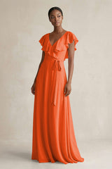 A-Line V-Neck Ruffled Sleeve Chiffon Bridesmaid Dress in Cinnamon | KISSBRIDAL