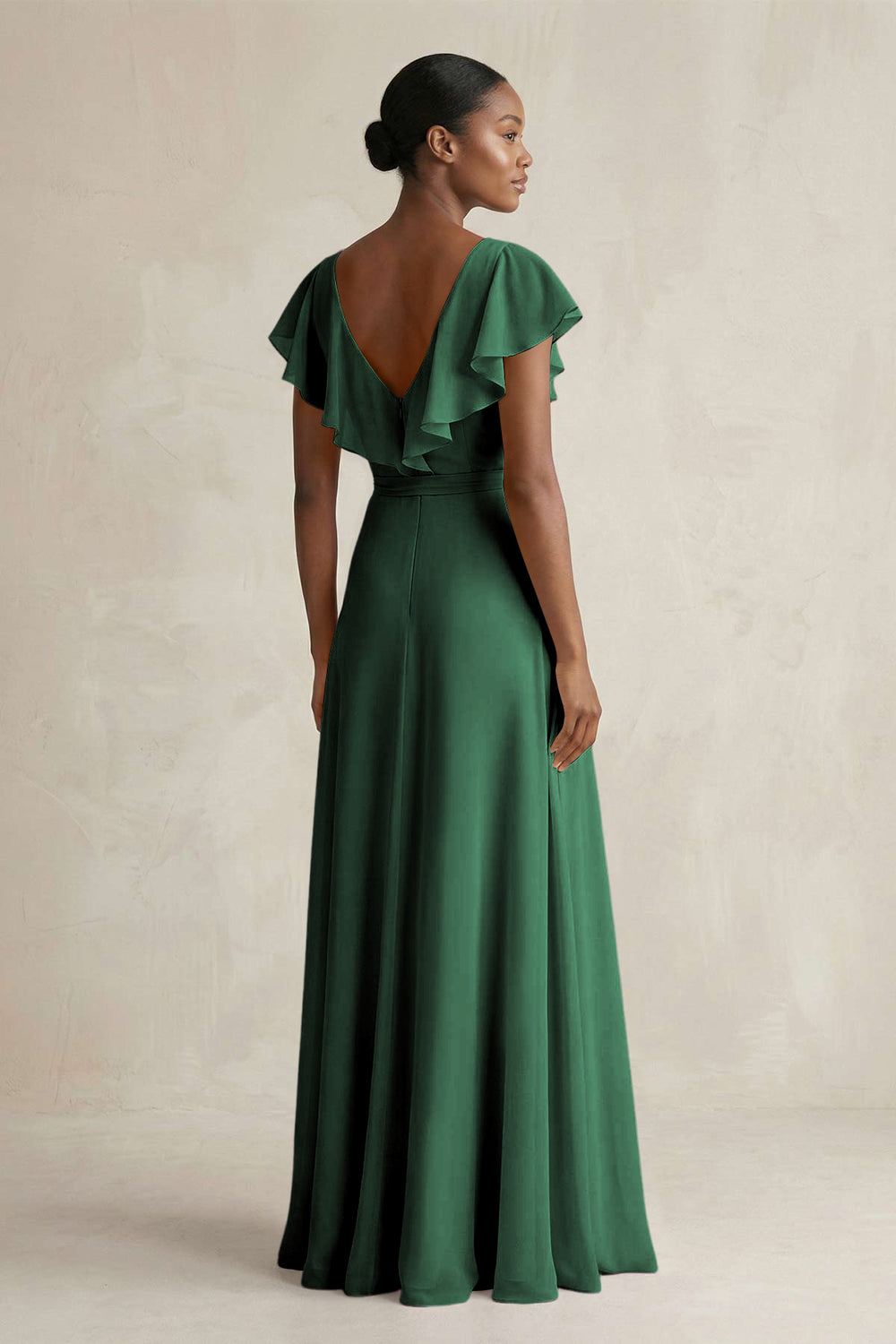 A-Line V-Neck Ruffled Sleeve Chiffon Bridesmaid Dress in Dark Green