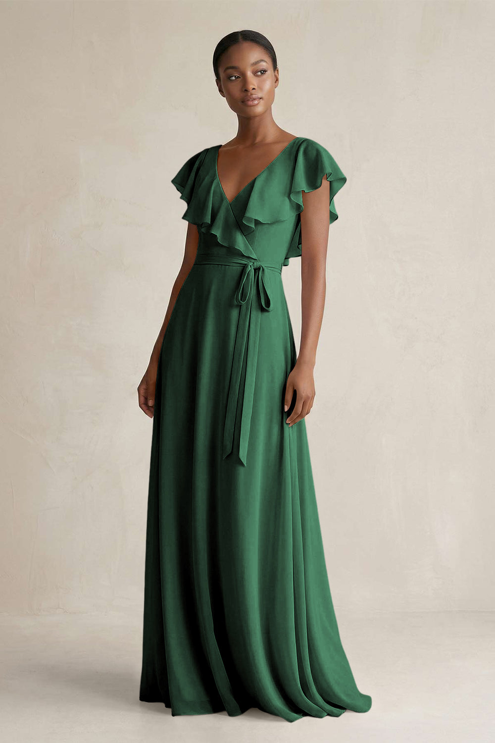 A-Line V-Neck Ruffled Sleeve Chiffon Bridesmaid Dress in Dark Green