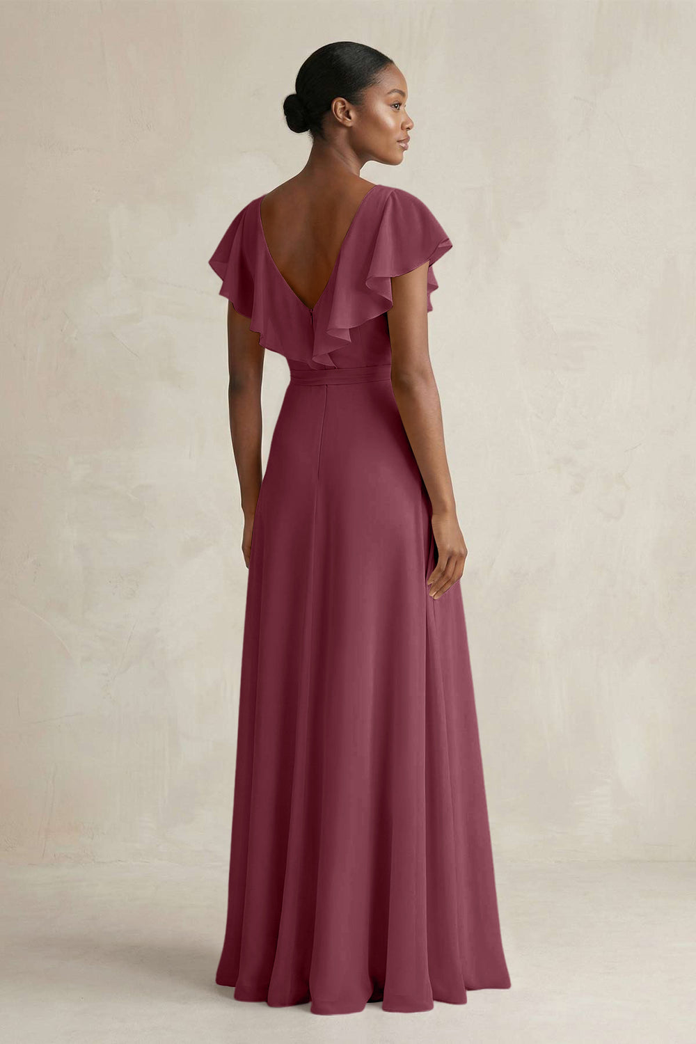 A-Line V-Neck Ruffled Sleeve Chiffon Bridesmaid Dress in Desert Rose