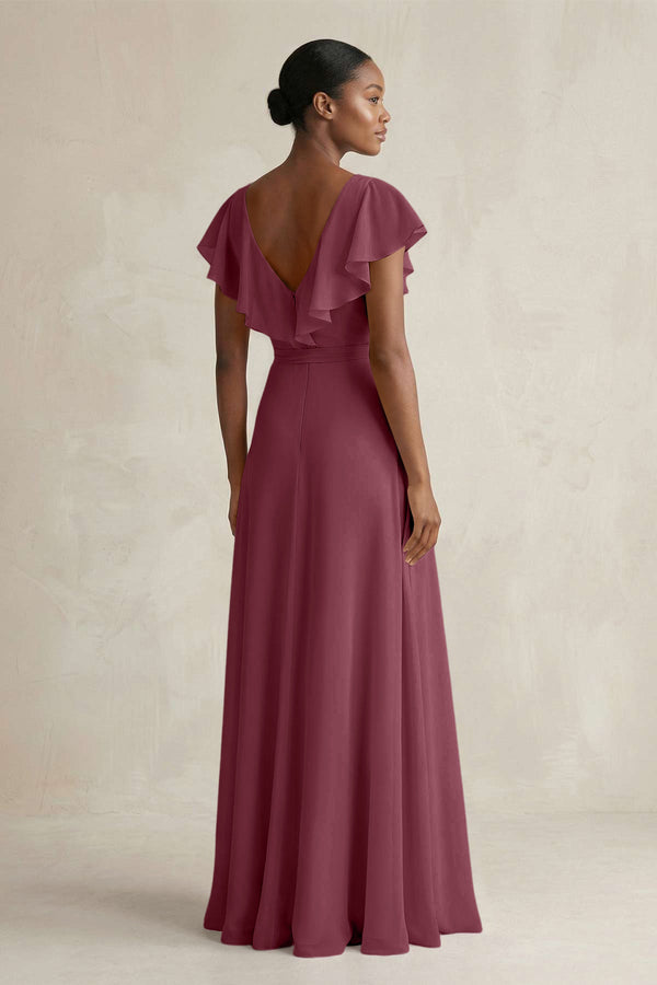 A-Line V-Neck Ruffled Sleeve Chiffon Bridesmaid Dress in Desert Rose (2) | KISSBRIDAL