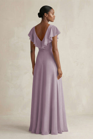 A-Line V-Neck Ruffled Sleeve Chiffon Bridesmaid Dress in Dusk (2) | KISSBRIDAL