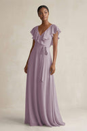 A-Line V-Neck Ruffled Sleeve Chiffon Bridesmaid Dress in Dusk | KISSBRIDAL