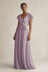 A-Line V-Neck Ruffled Sleeve Chiffon Bridesmaid Dress in Dusk | KISSBRIDAL