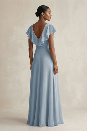 A-Line V-Neck Ruffled Sleeve Chiffon Bridesmaid Dress in Dusty Blue (2) | KISSBRIDAL