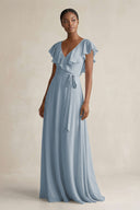 A-Line V-Neck Ruffled Sleeve Chiffon Bridesmaid Dress in Dusty Blue | KISSBRIDAL