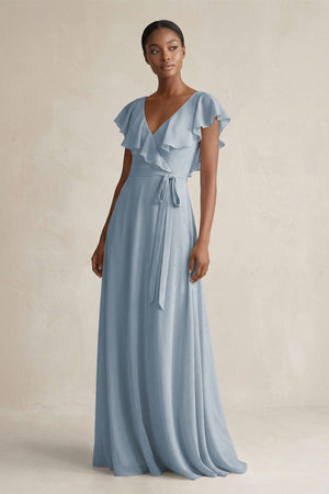 A-Line V-Neck Ruffled Sleeve Chiffon Bridesmaid Dress in Dusty Blue | KISSBRIDAL