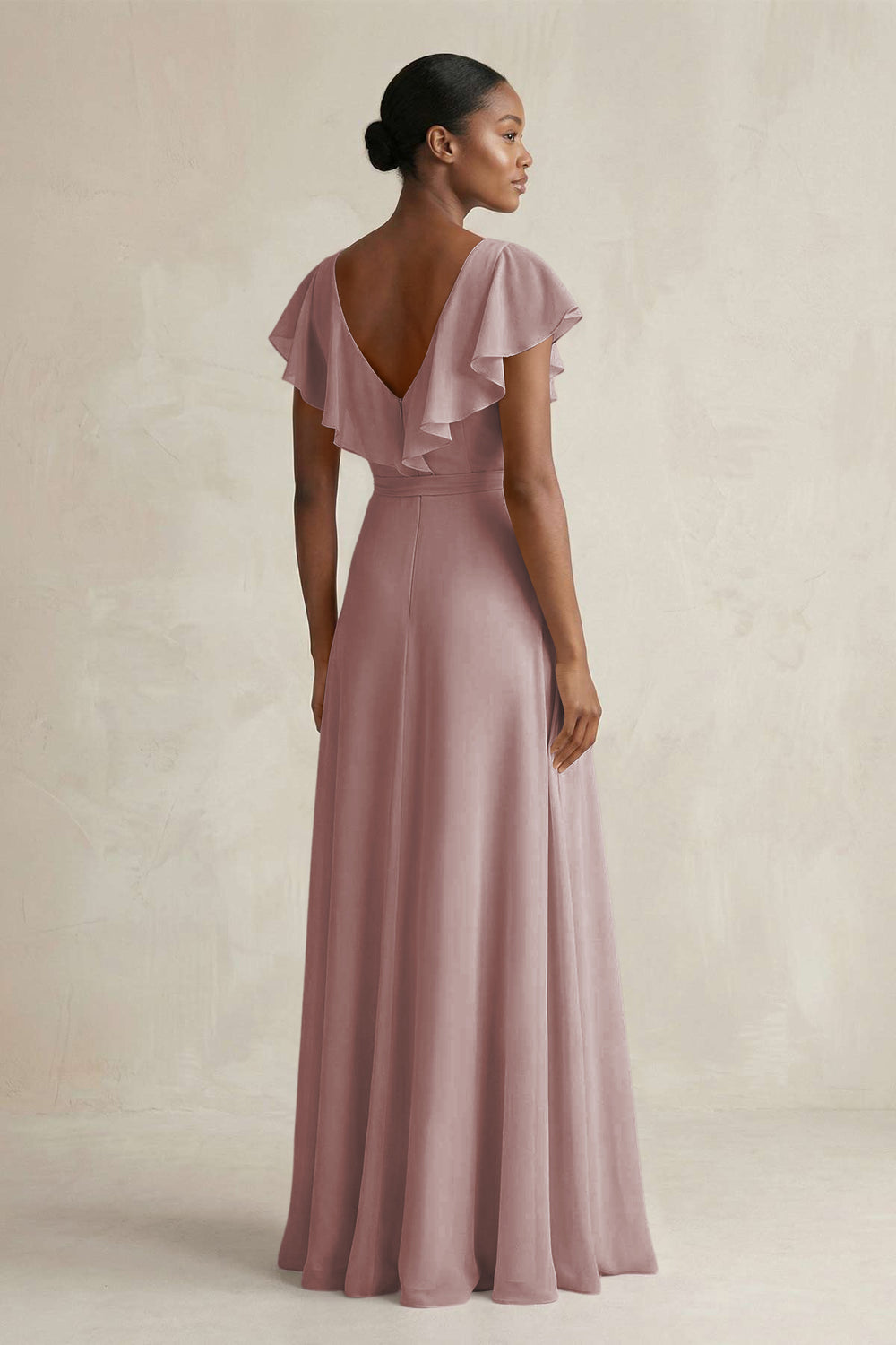 A-Line V-Neck Ruffled Sleeve Chiffon Bridesmaid Dress in Dusty Rose