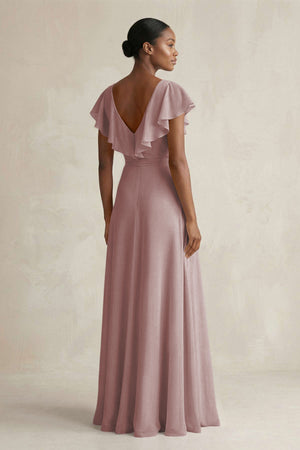A-Line V-Neck Ruffled Sleeve Chiffon Bridesmaid Dress in Dusty Rose (2) | KISSBRIDAL