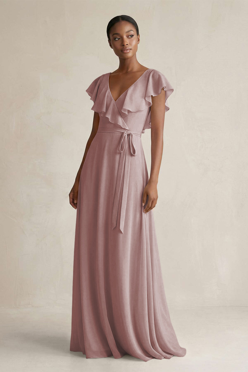 A-Line V-Neck Ruffled Sleeve Chiffon Bridesmaid Dress in Dusty Rose