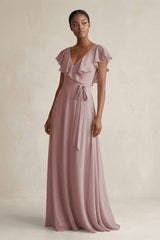 A-Line V-Neck Ruffled Sleeve Chiffon Bridesmaid Dress in Dusty Rose | KISSBRIDAL