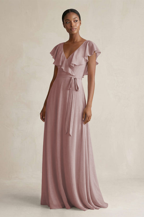 A-Line V-Neck Ruffled Sleeve Chiffon Bridesmaid Dress in Dusty Rose | KISSBRIDAL