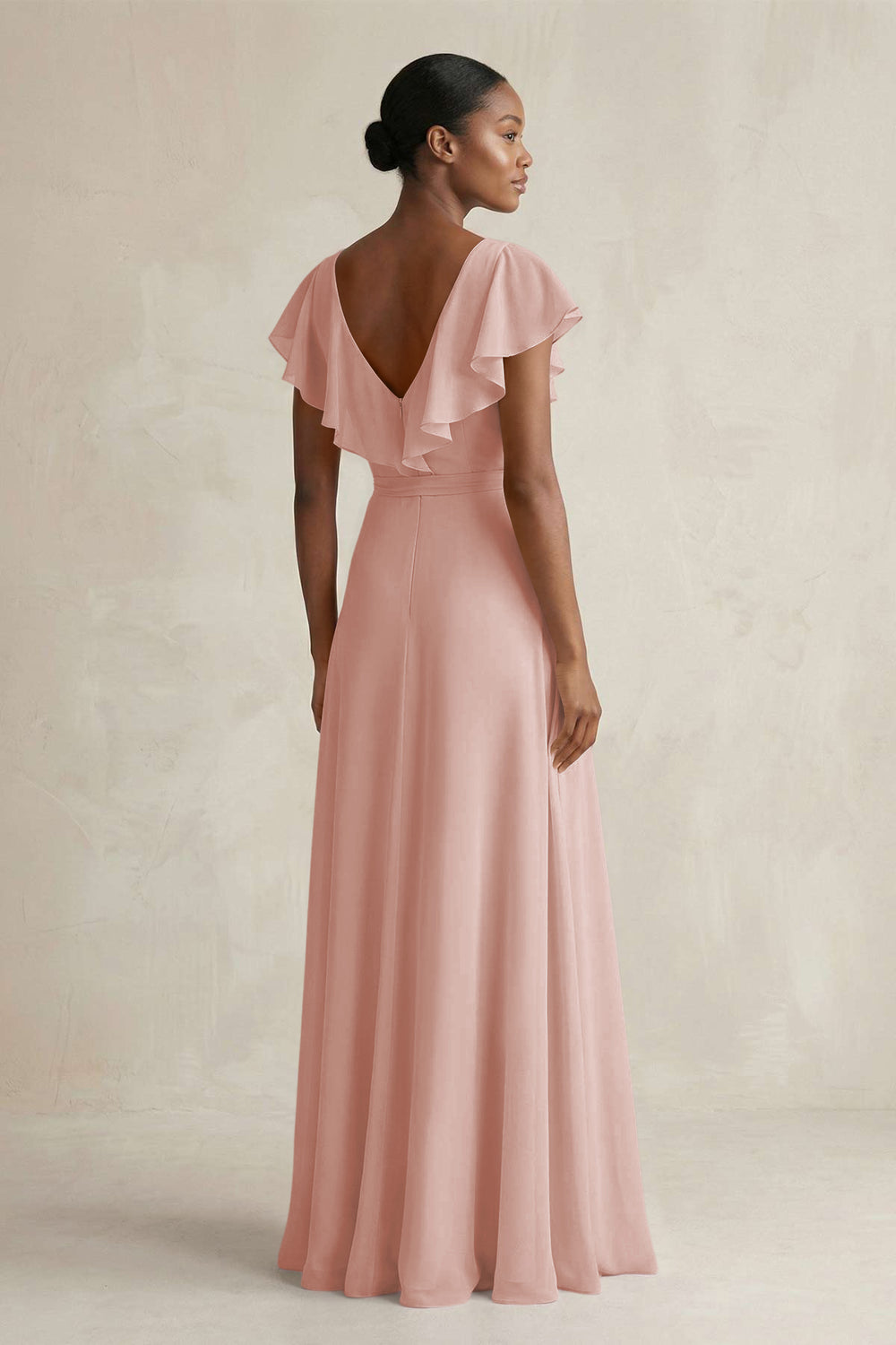 A-Line V-Neck Ruffled Sleeve Chiffon Bridesmaid Dress in English Rose