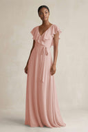 A-Line V-Neck Ruffled Sleeve Chiffon Bridesmaid Dress in English Rose | KISSBRIDAL