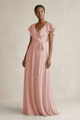 A-Line V-Neck Ruffled Sleeve Chiffon Bridesmaid Dress in English Rose | KISSBRIDAL