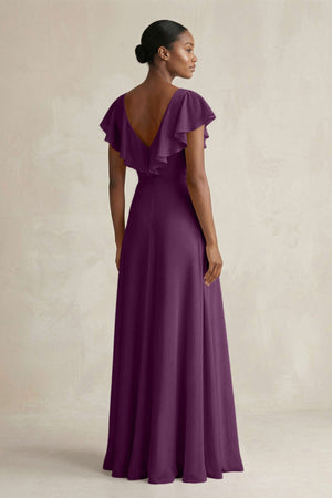 A-Line V-Neck Ruffled Sleeve Chiffon Bridesmaid Dress in Fig (2) | KISSBRIDAL