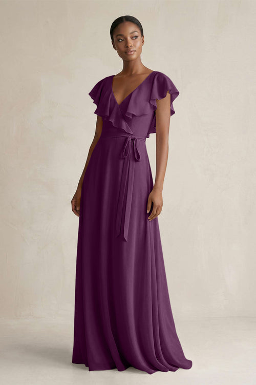 A-Line V-Neck Ruffled Sleeve Chiffon Bridesmaid Dress in Fig | KISSBRIDAL