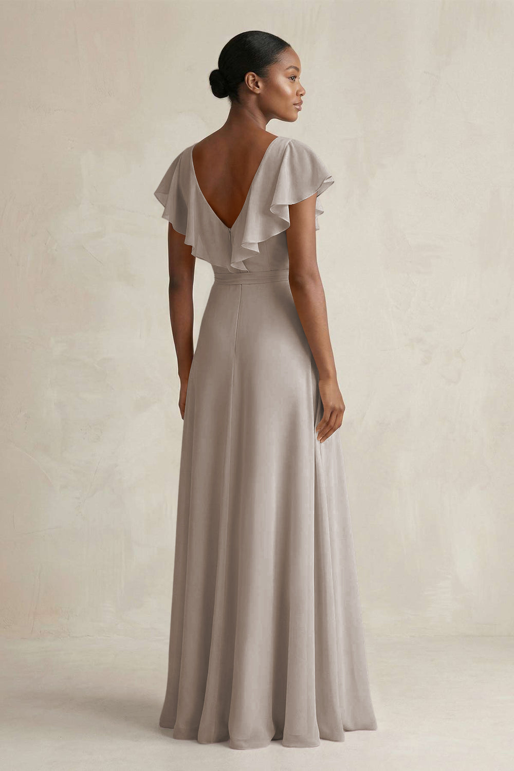 A-Line V-Neck Ruffled Sleeve Chiffon Bridesmaid Dress in Frost