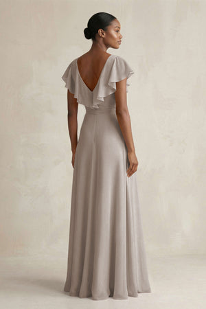 A-Line V-Neck Ruffled Sleeve Chiffon Bridesmaid Dress in Frost (2) | KISSBRIDAL