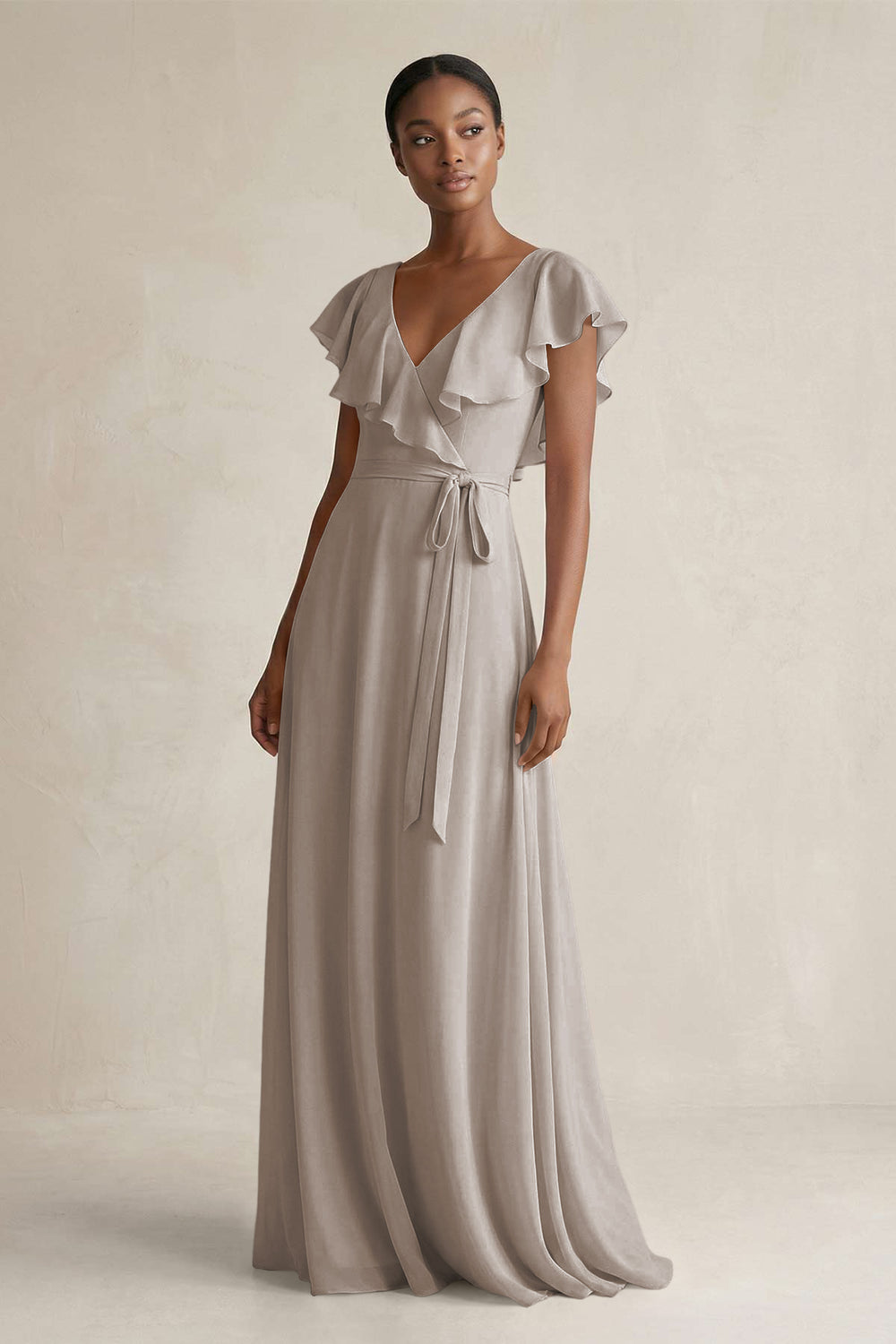 A-Line V-Neck Ruffled Sleeve Chiffon Bridesmaid Dress in Frost