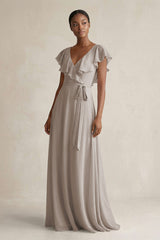 A-Line V-Neck Ruffled Sleeve Chiffon Bridesmaid Dress in Frost | KISSBRIDAL
