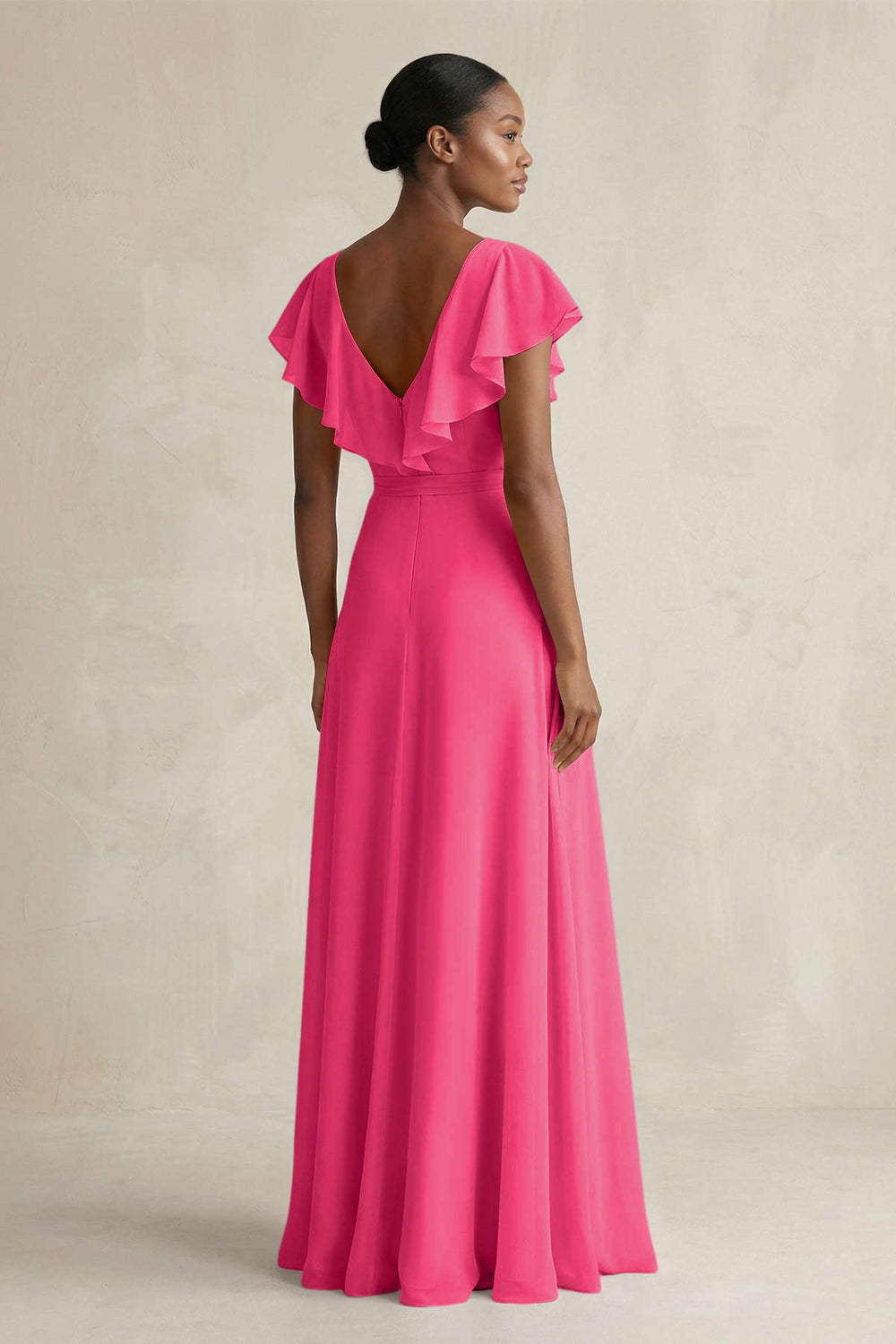 A-Line V-Neck Ruffled Sleeve Chiffon Bridesmaid Dress in Fuchsia