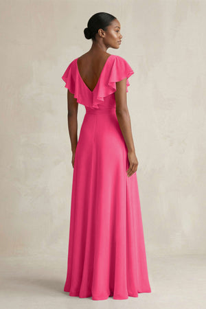 A-Line V-Neck Ruffled Sleeve Chiffon Bridesmaid Dress in Fuchsia (2) | KISSBRIDAL