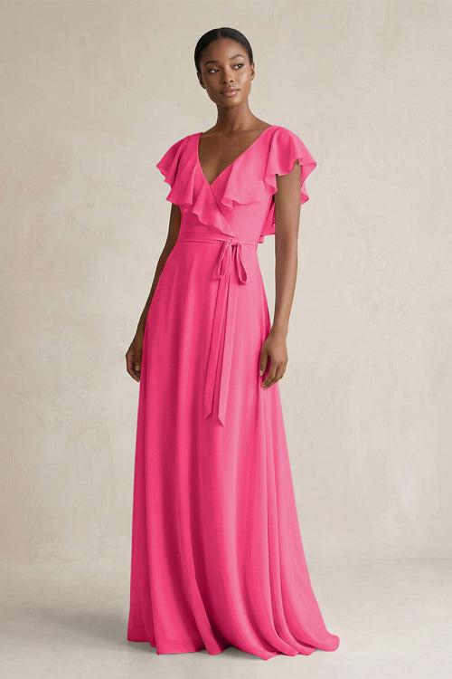 A-Line V-Neck Ruffled Sleeve Chiffon Bridesmaid Dress in Fuchsia | KISSBRIDAL