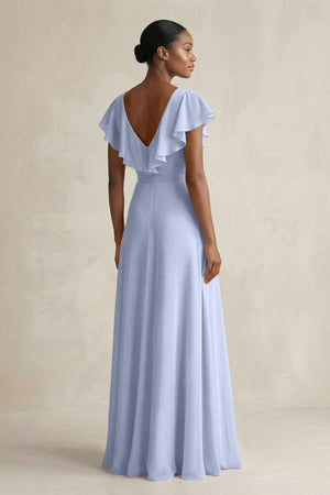 A-Line V-Neck Ruffled Sleeve Chiffon Bridesmaid Dress in Ice (2) | KISSBRIDAL