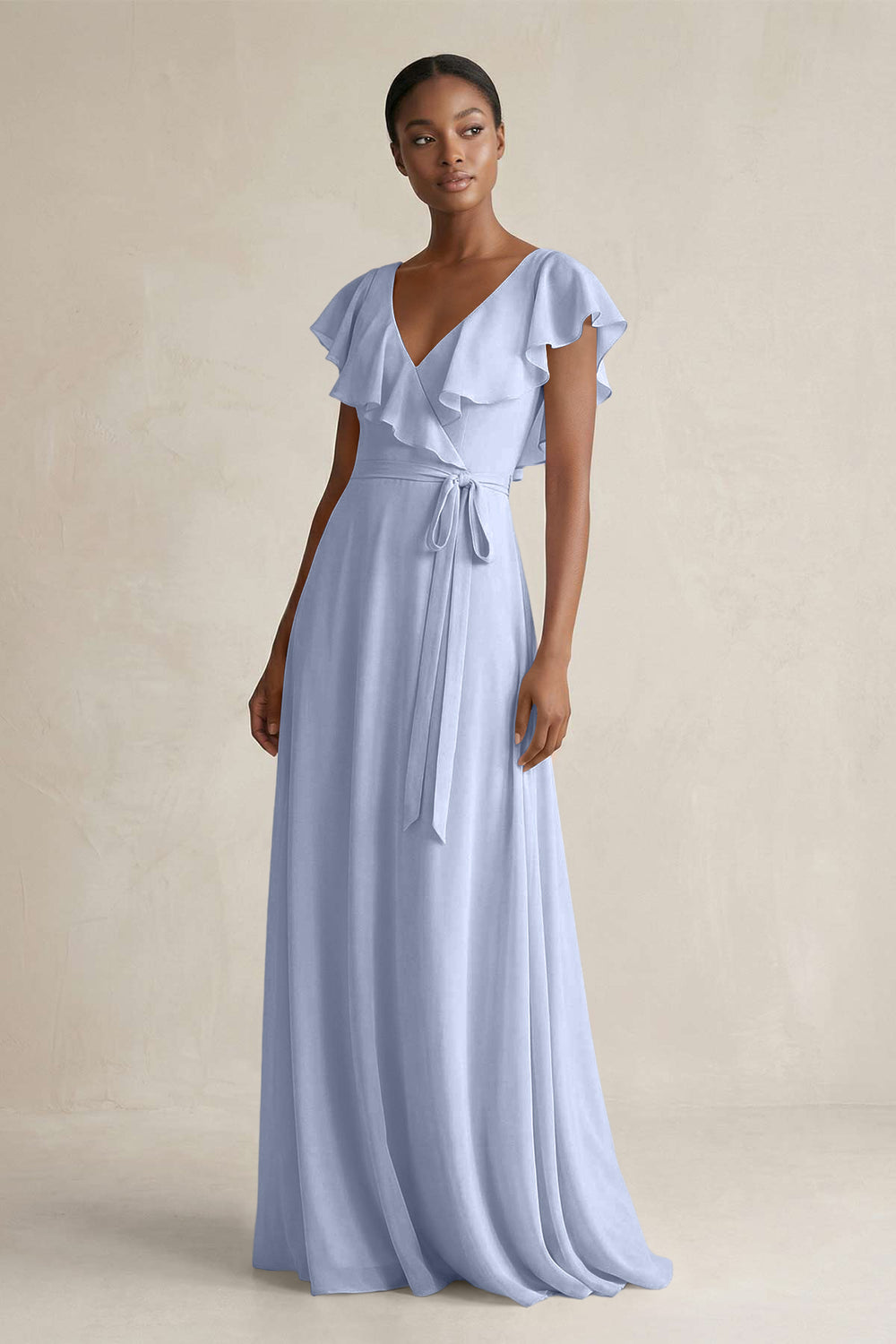 A-Line V-Neck Ruffled Sleeve Chiffon Bridesmaid Dress in Ice