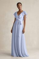 A-Line V-Neck Ruffled Sleeve Chiffon Bridesmaid Dress in Ice | KISSBRIDAL