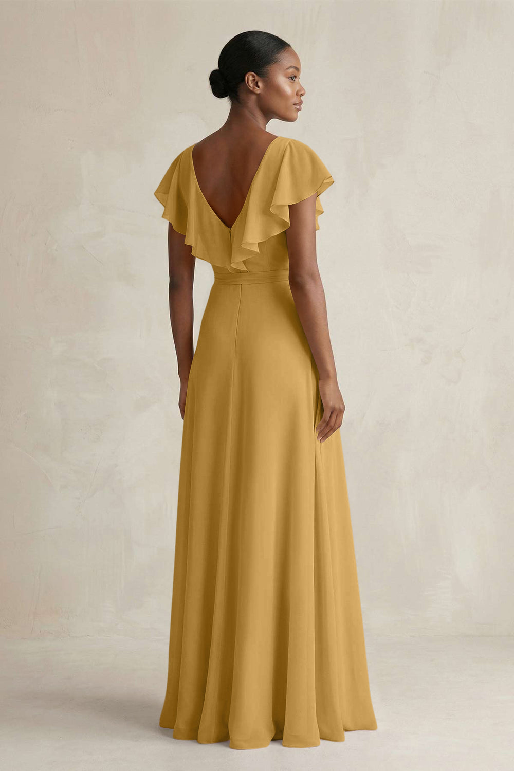 A-Line V-Neck Ruffled Sleeve Chiffon Bridesmaid Dress in Marigold