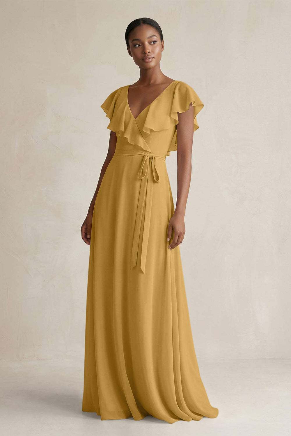 A-Line V-Neck Ruffled Sleeve Chiffon Bridesmaid Dress in Marigold