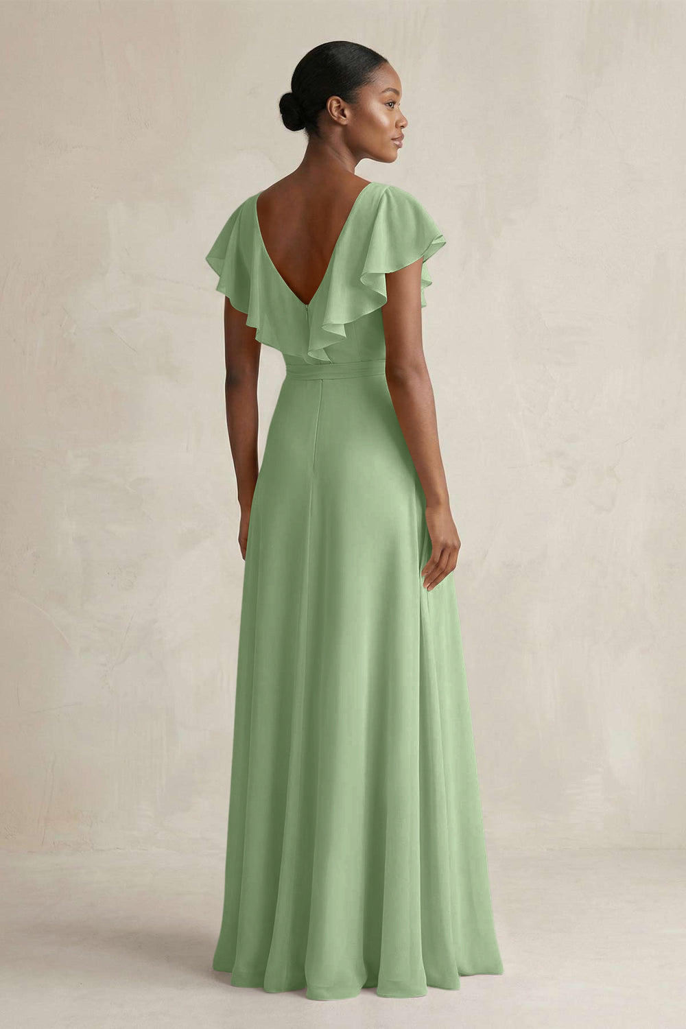 A-Line V-Neck Ruffled Sleeve Chiffon Bridesmaid Dress in Matcha