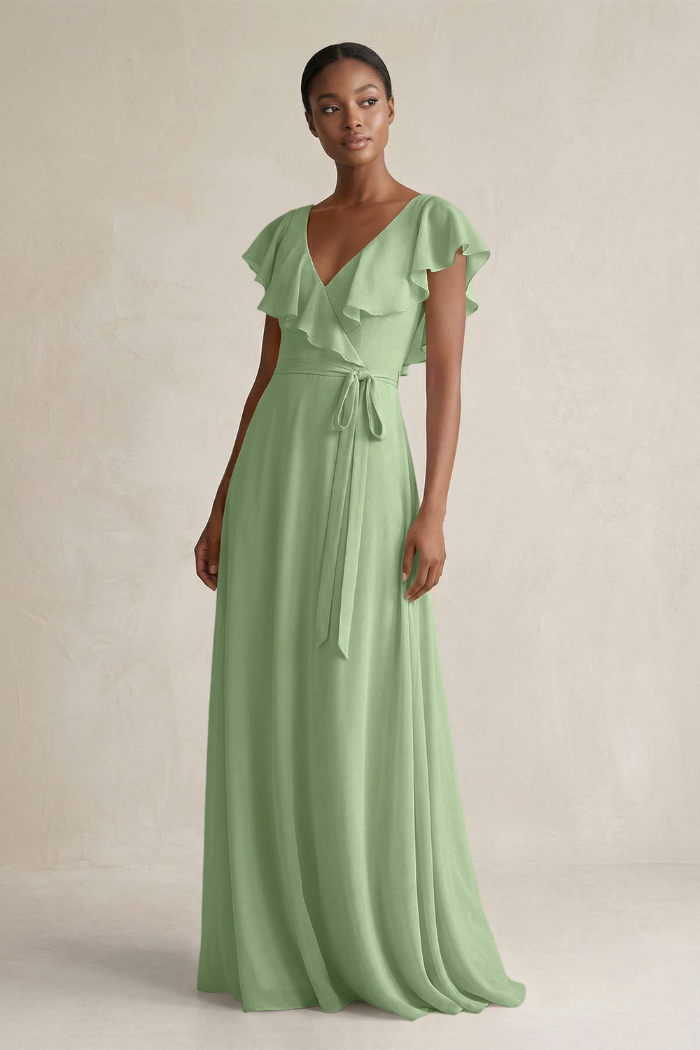 A-Line V-Neck Ruffled Sleeve Chiffon Bridesmaid Dress in Matcha