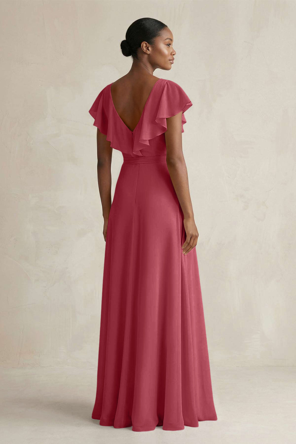 A-Line V-Neck Ruffled Sleeve Chiffon Bridesmaid Dress in Merlot