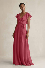 A-Line V-Neck Ruffled Sleeve Chiffon Bridesmaid Dress in Merlot | KISSBRIDAL