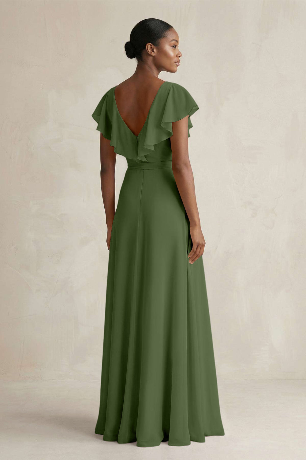 A-Line V-Neck Ruffled Sleeve Chiffon Bridesmaid Dress in Moss