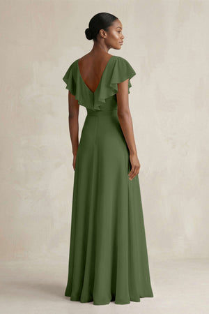 A-Line V-Neck Ruffled Sleeve Chiffon Bridesmaid Dress in Moss (2) | KISSBRIDAL