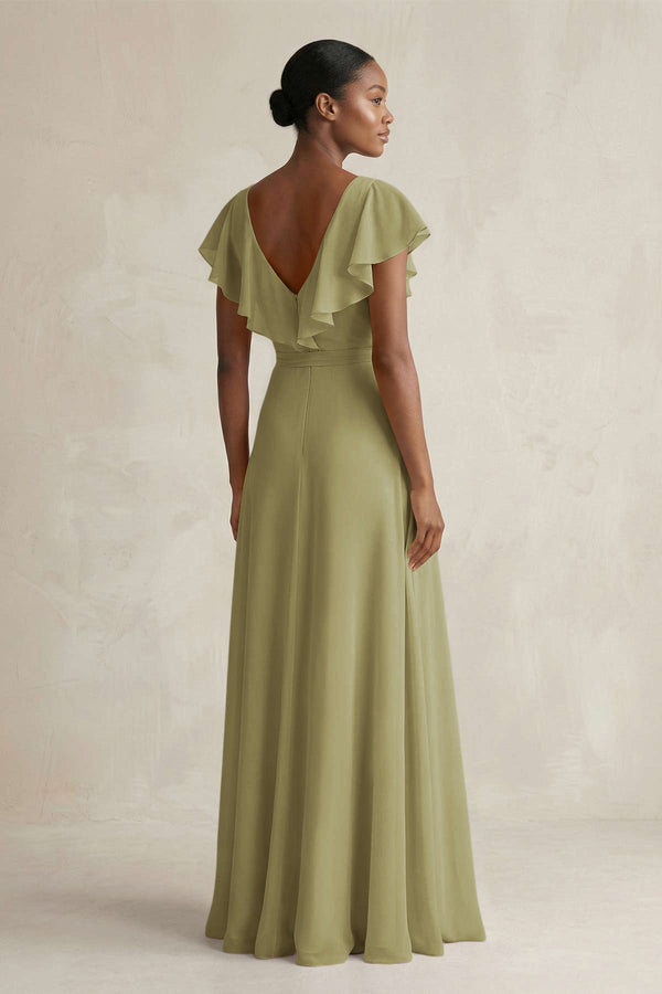 A-Line V-Neck Ruffled Sleeve Chiffon Bridesmaid Dress in Moss Green (2) | KISSBRIDAL