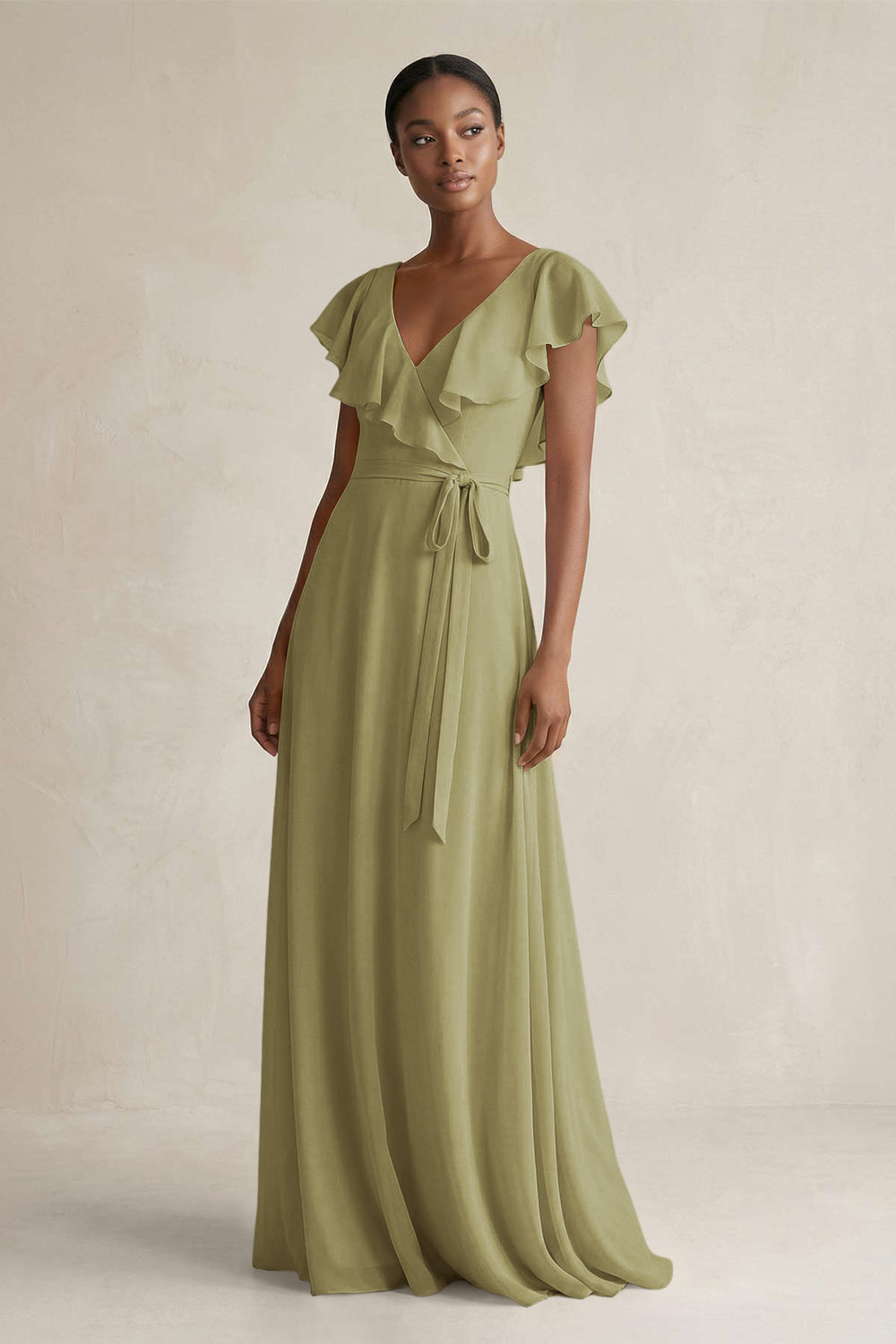 A-Line V-Neck Ruffled Sleeve Chiffon Bridesmaid Dress in Moss Green