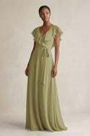 A-Line V-Neck Ruffled Sleeve Chiffon Bridesmaid Dress in Moss Green | KISSBRIDAL