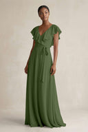 A-Line V-Neck Ruffled Sleeve Chiffon Bridesmaid Dress in Moss | KISSBRIDAL