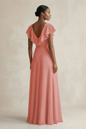 A-Line V-Neck Ruffled Sleeve Chiffon Bridesmaid Dress in Mulberry (2) | KISSBRIDAL