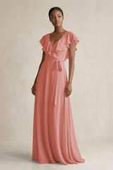 A-Line V-Neck Ruffled Sleeve Chiffon Bridesmaid Dress in Mulberry | KISSBRIDAL